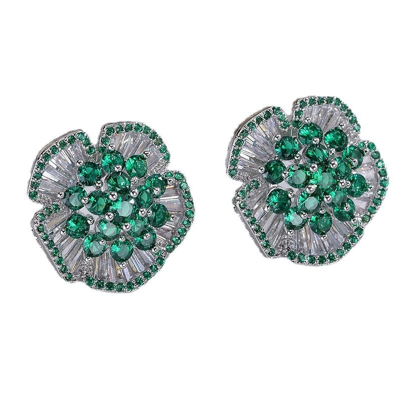 Green Inlaid Camellia Style Ear Niche Personality Design High-grade Stud Earrings