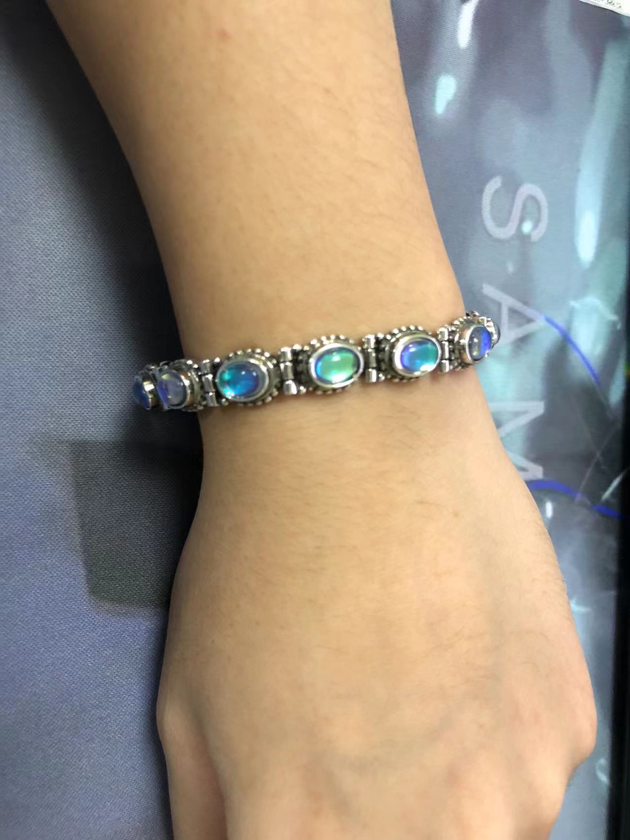 Nepal Handmade Sier Plated Opal Blue Moonstone Personality Retro Bracelet