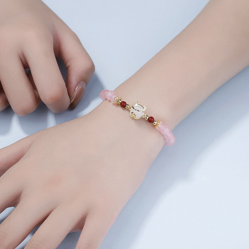 Bracelets en perles d'or véritable pour femmes, chat porte-bonheur