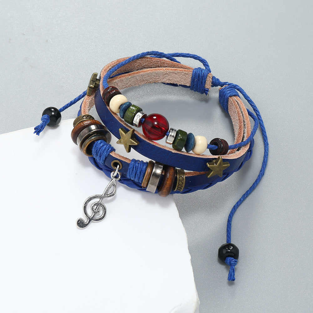 Beaded Leather Weave Vintage Alloy Note Bracelets