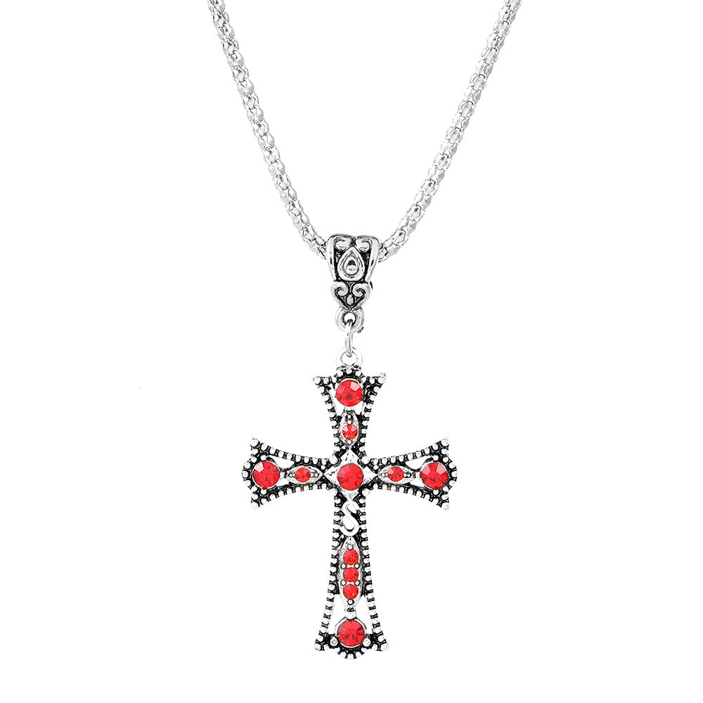 Retro Style Colorful Zircon Hollow Letter Cross Necklaces