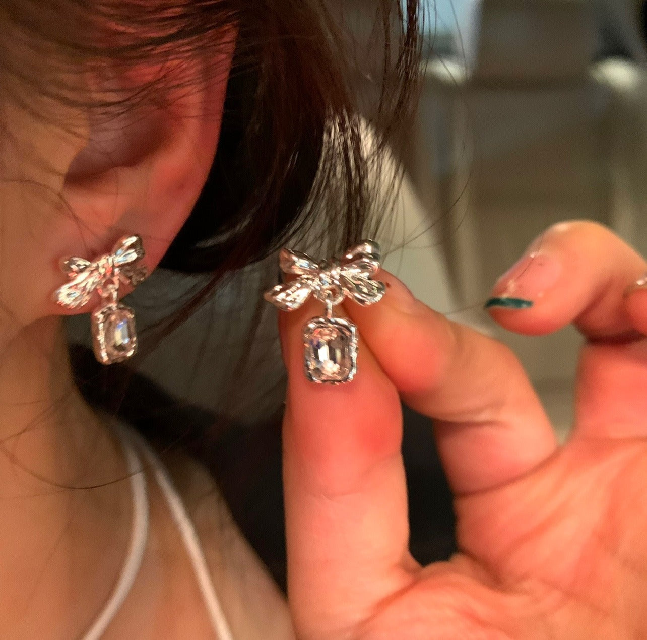 Times Bow Pink Diamond Auricular Needle Female Sterling Sier Light Stud Earrings