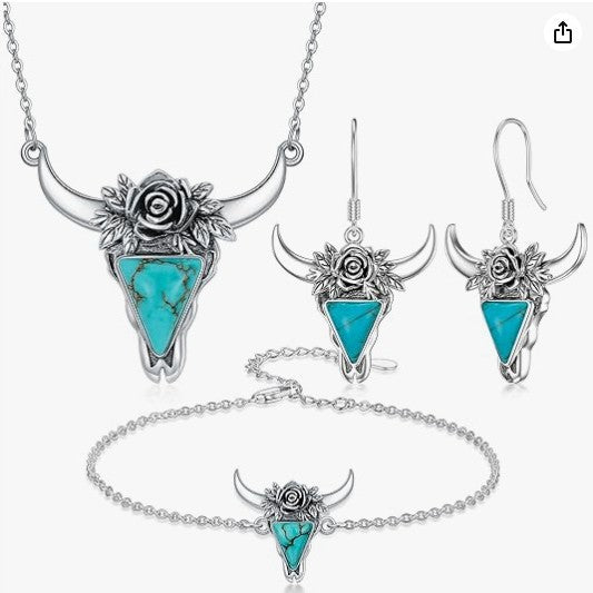 Western Retro Style Ox Head Turquoise Distressed Necklace