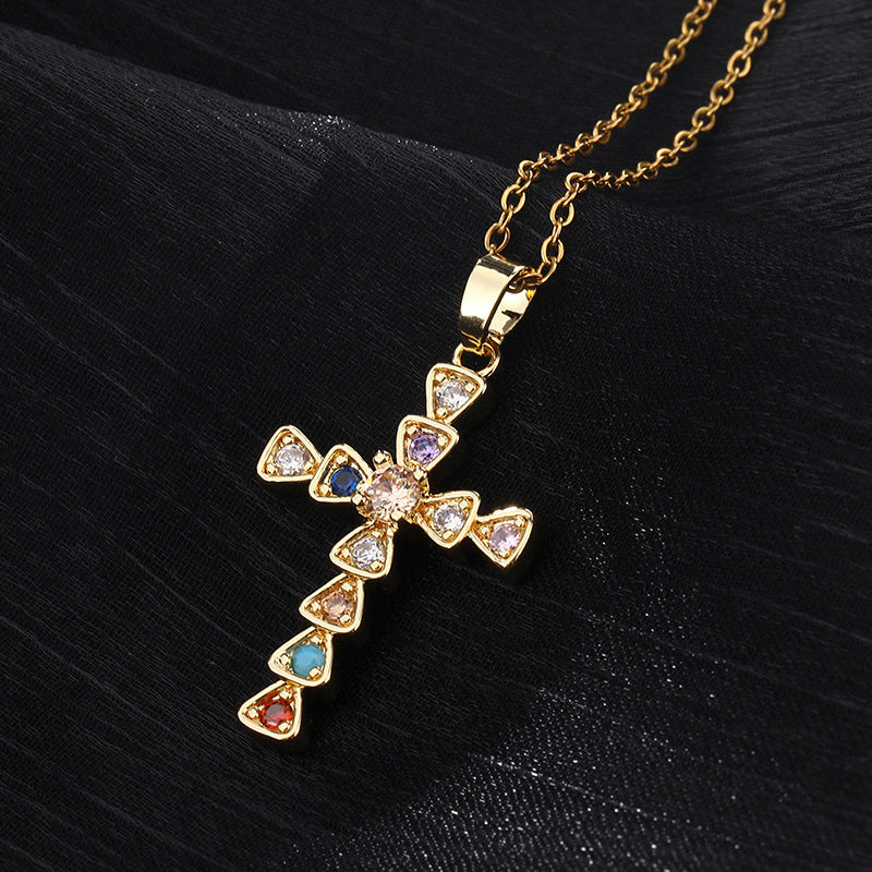 Color Zircon Cross Sweater Chain Advanced Necklaces