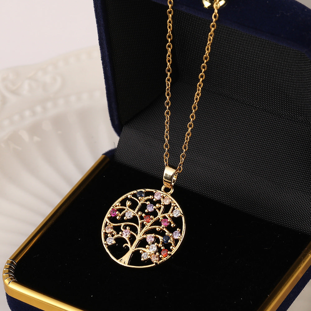 Inlaid Zircon Tree Of Life Copper Palm Necklaces