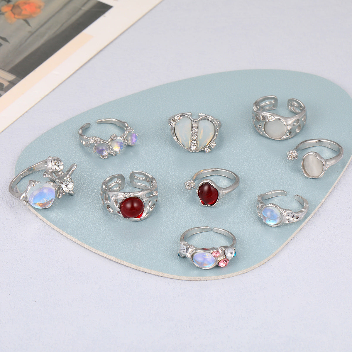 Cold Style Opal Split Heart-shaped Open Suit Pieces Female Personality Ring