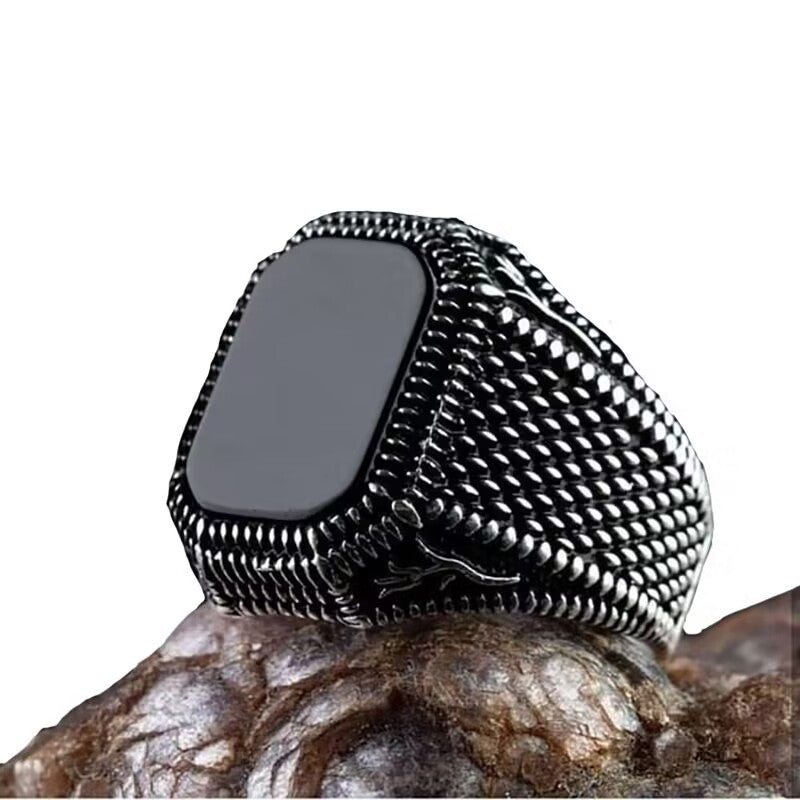 Men's Retro Natural Black Square Agate Texture Ring