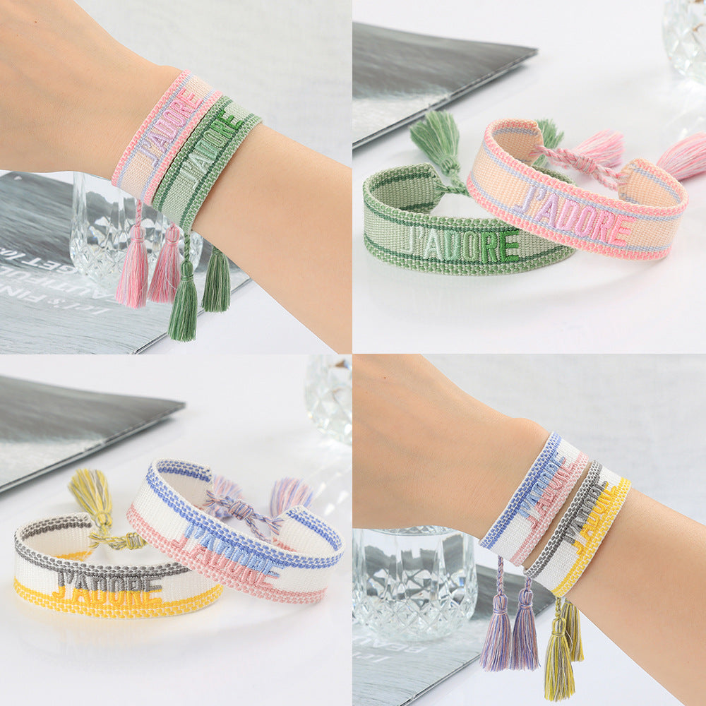 Women's Embroidered Letter Ribbon Carrying Strap Hand Bracelets