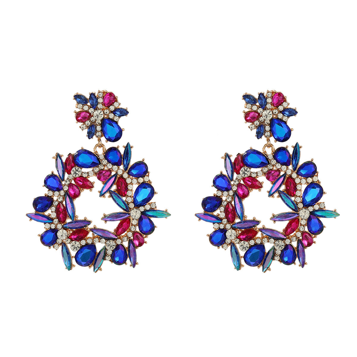 Colored Diamond Exaggerated Alloy Round Flower Earrings