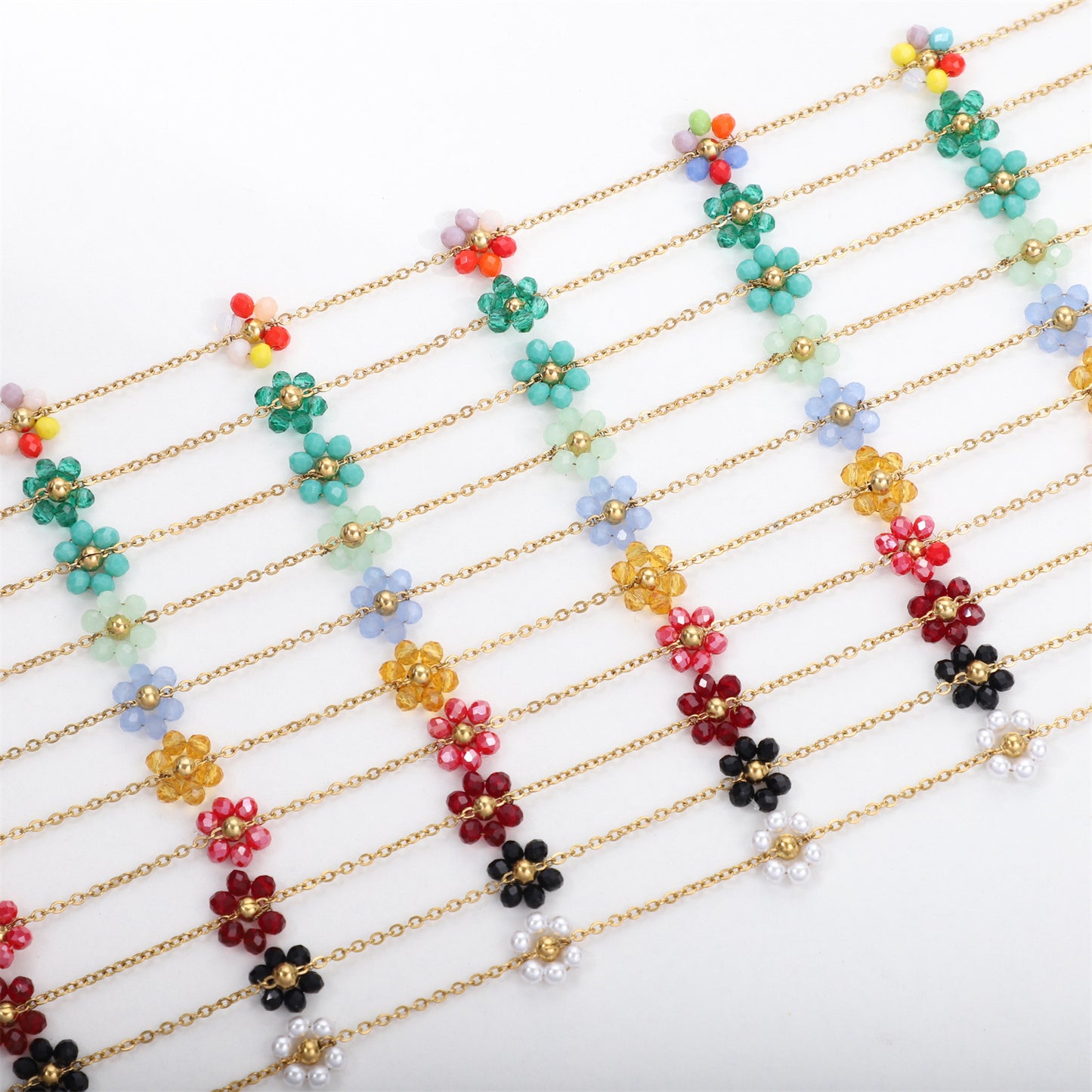 Women's Color Crystal Flowers Pearl Flower Stainless Steel Design Style Necklace