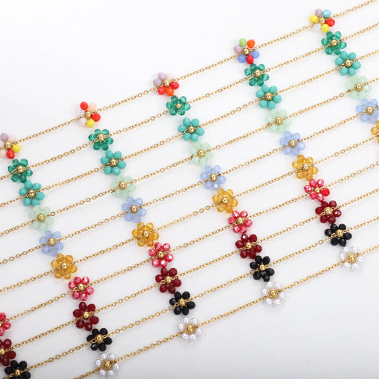 Women's Color Crystal Flowers Pearl Flower Stainless Steel Design Style Necklace