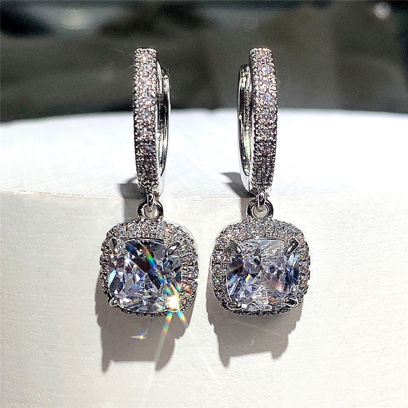 Women's Fashionable Bright Square Diamond Zircon Affordable Earrings