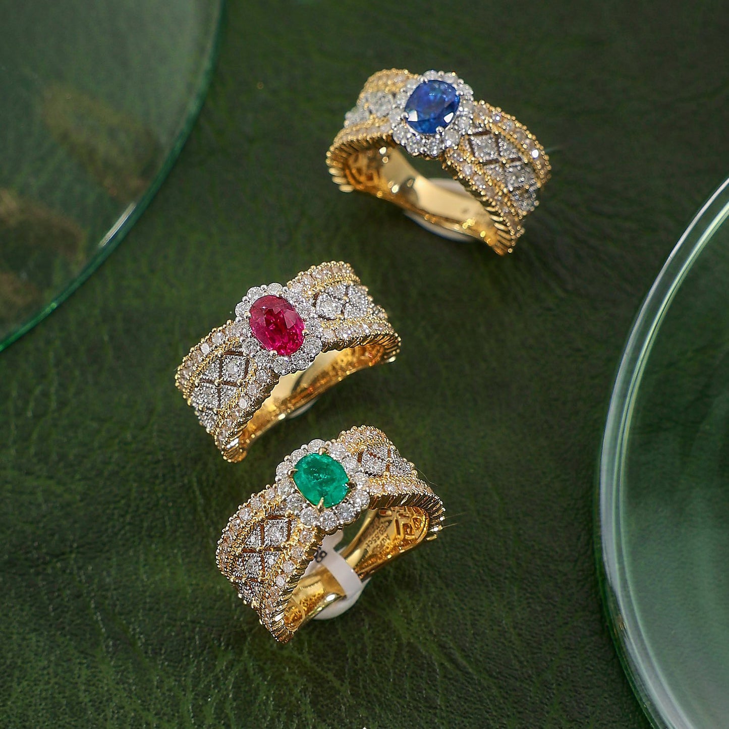 Carved Gold Lace Diamond Emerald Colored Rings