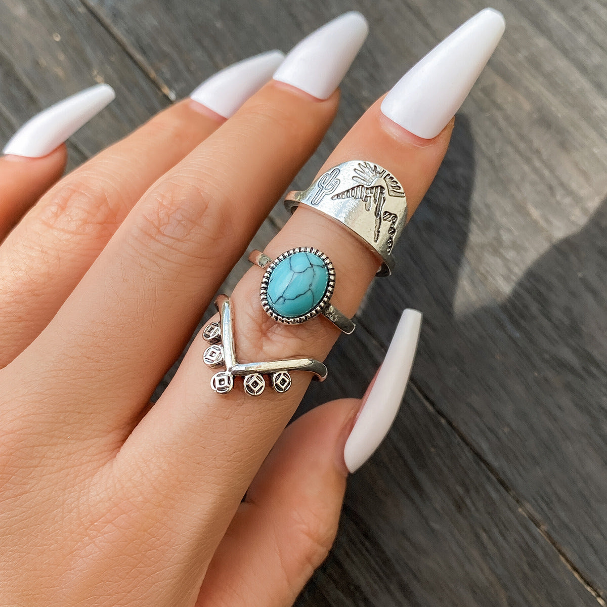 Costume Knuckle Design Vintage Totem Turquoise Anneaux