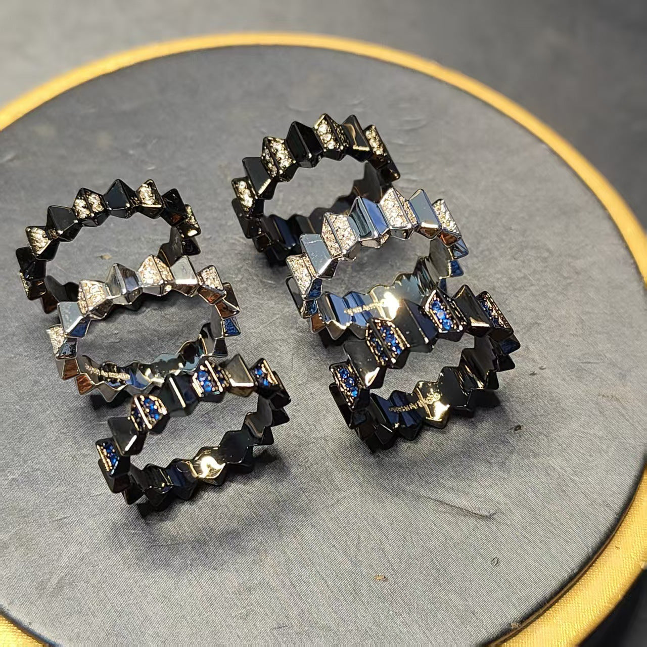 White Diamond Couple Wave Black Gold Rings