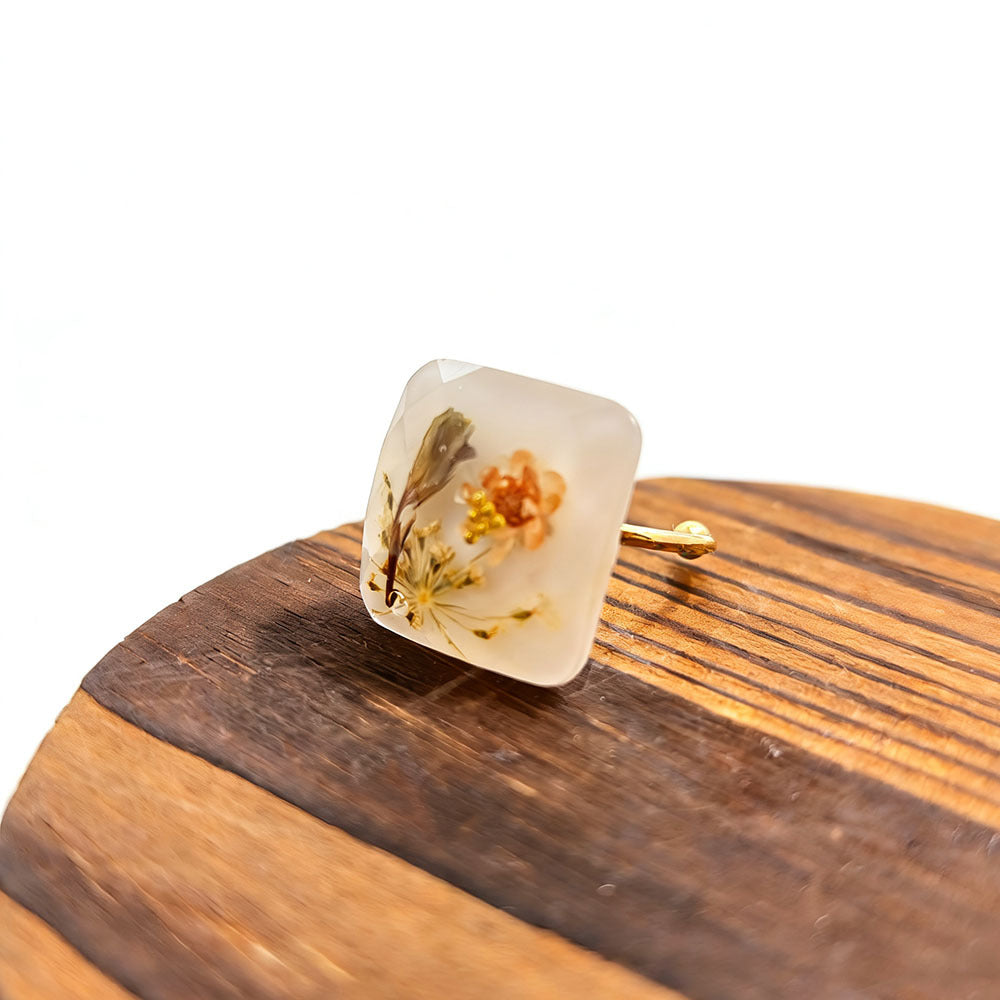 Dried Flowers Gypsophila Peach Heart Square Resin Stainless Steel Open Ring