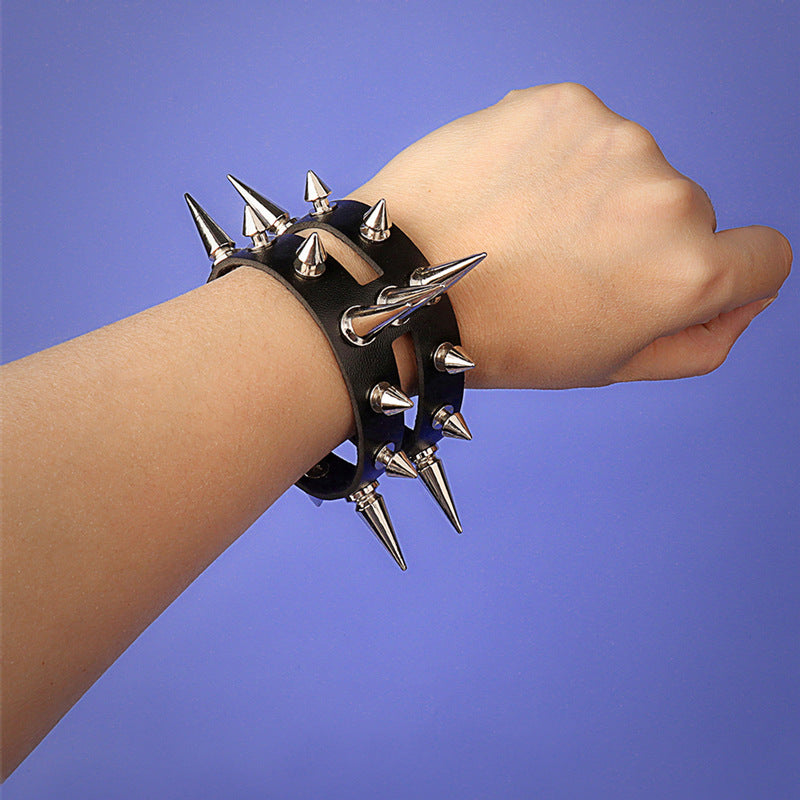 Gothic Double Row Hollow Pointed Rivet Personality Leather Trendy Bracelets