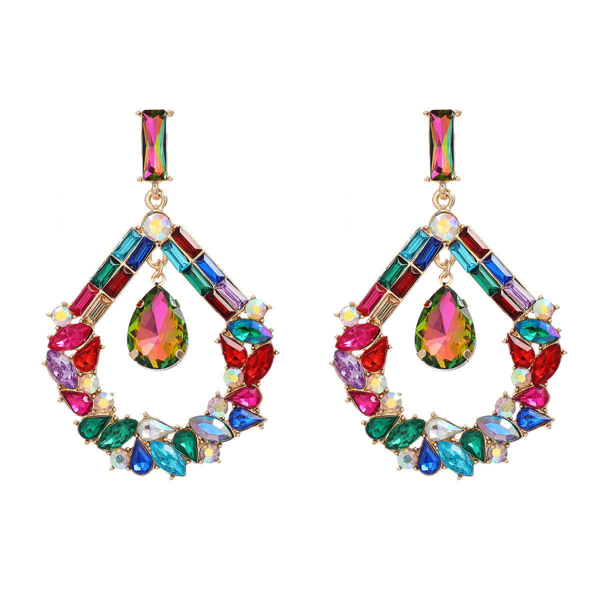 Boucles d'oreilles de style bohème pour femme en forme de goutte de cristaux colorés