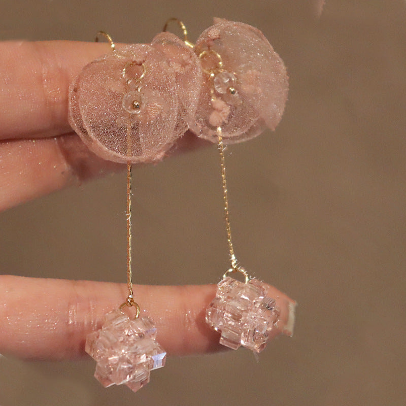 Fairy Pink Chiffon Flower Crystal Beaded Long Ear Clip
