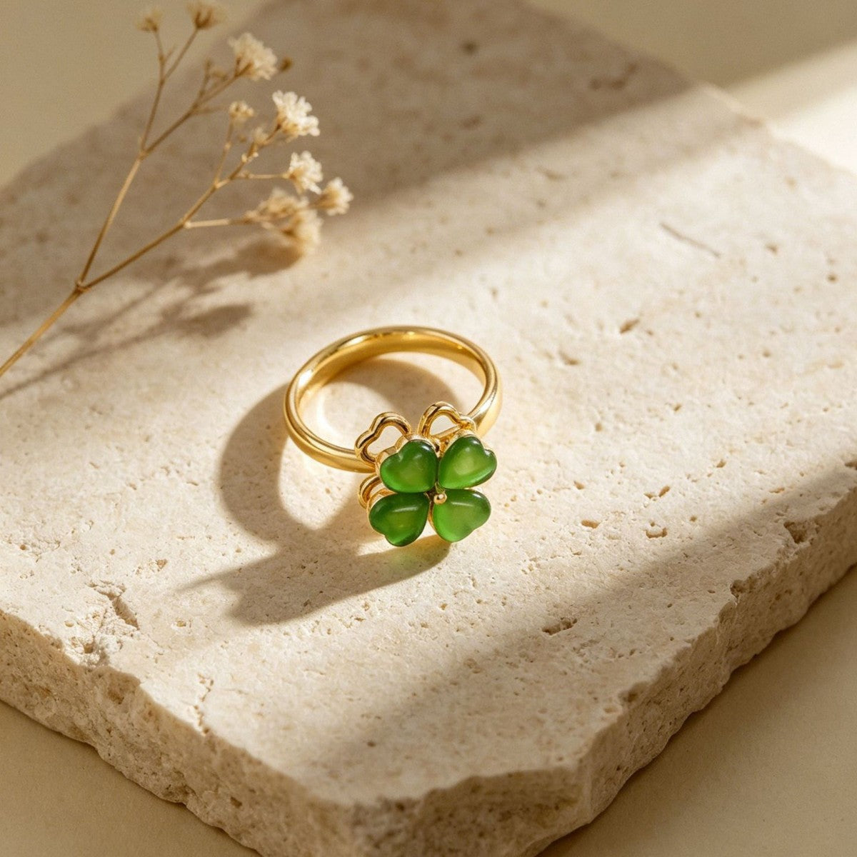 Korean Exquisite Rotatable Green Opal Four-leaf Clover Female Adjustable Ring