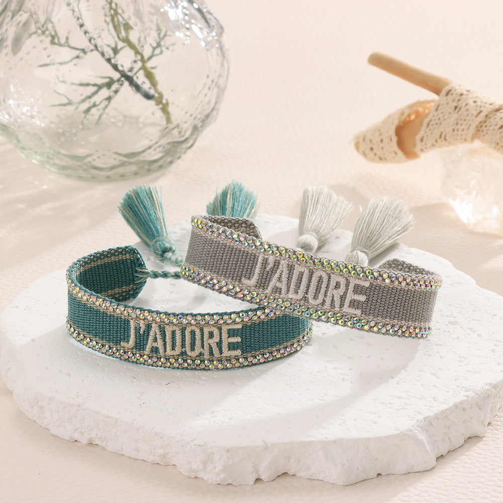 Women's Rhinestone Woven Embroidered Letter Carrying Strap Bracelets