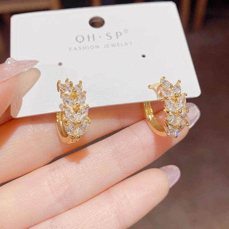 Korean Style Micro Inlaid Zircon Small Leaves Simple Earrings