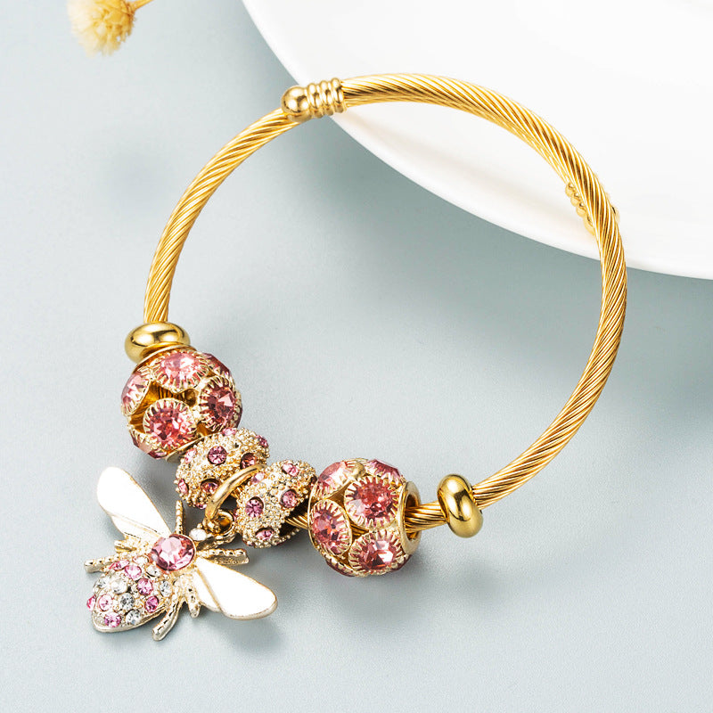 Alloy Gold Adjustable Bee Shiny Rhinestone Ball Bracelets