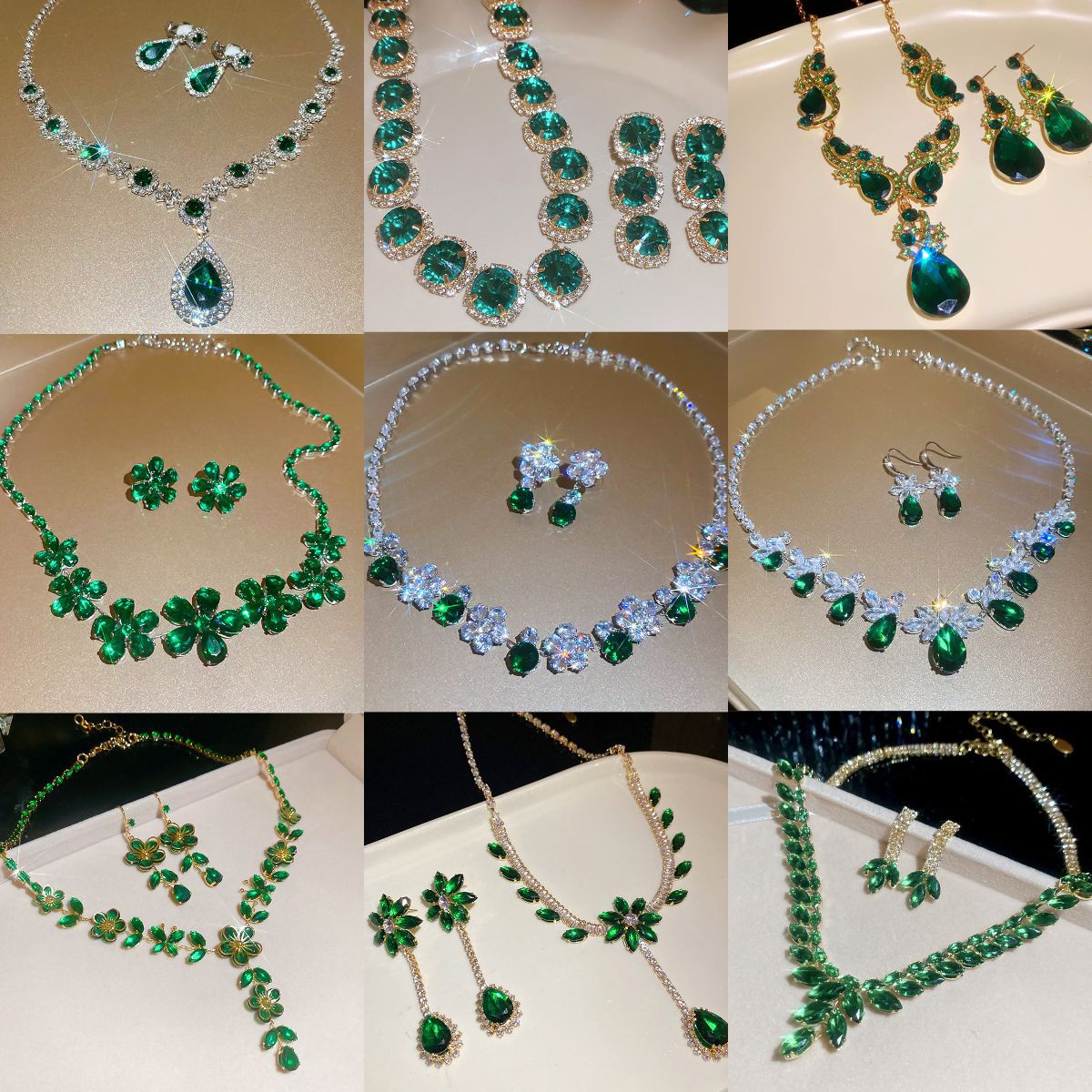 Flower Female Emerald Vintage Clavicle Chain Earrings