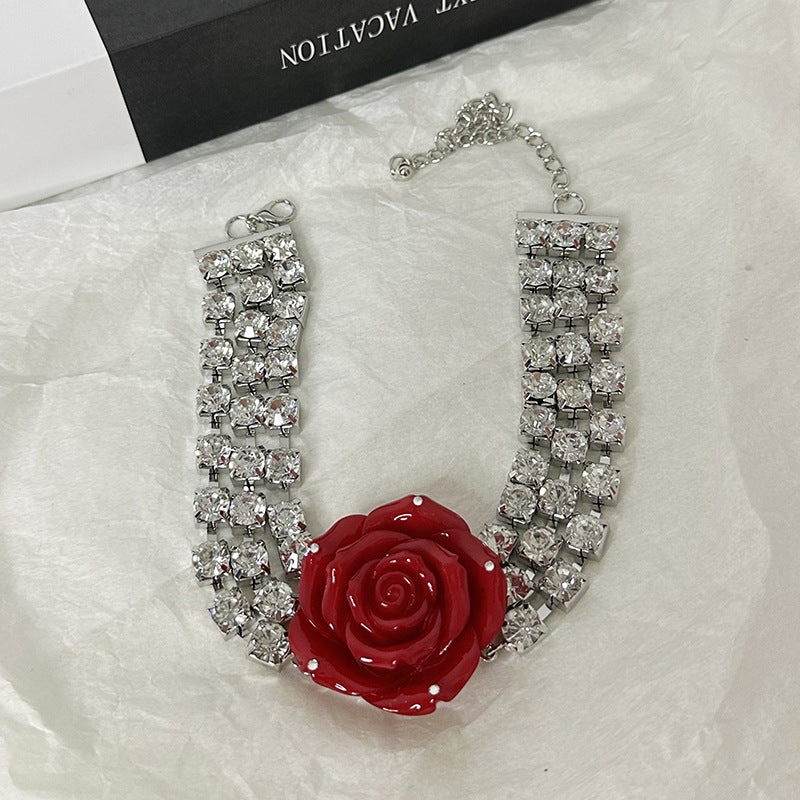 Color Three-dimensional Large Rose Catwalk Temperament Rhinestone Necklaces