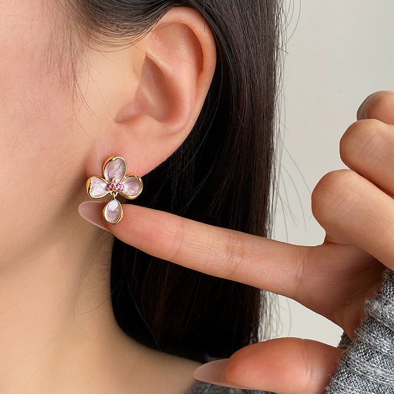 Enamel Drip Glazed Pink Flower Integrated Light Luxury Ear Clip
