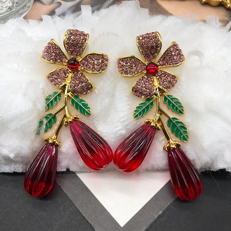 Lux Leaves Flower Mid-length Gold-plated Red Earrings