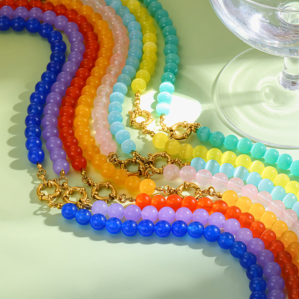 Women's Fresh Rainbow Cat Eye Glass Gold-plated Stainless Steel Summer Dopamine Necklaces