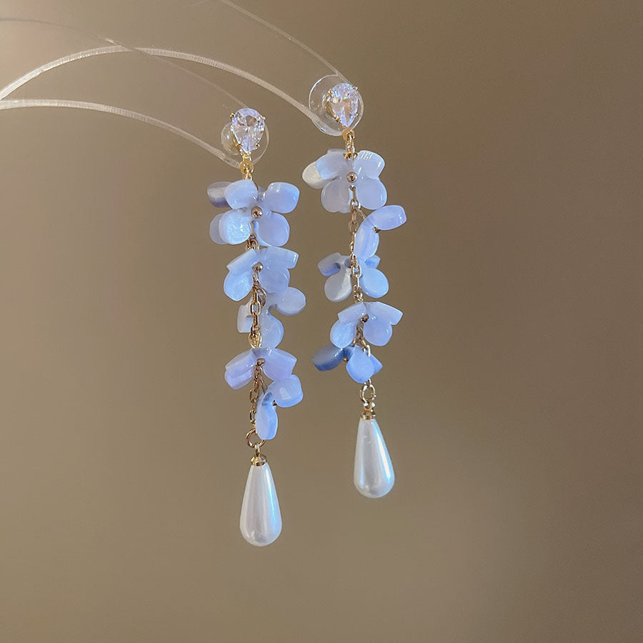 Sier Needle Water Drop Pearl Tassel Long Retro Rings