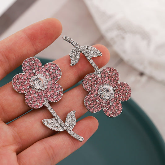 Flower Sier Needle Asymmetric Diamond Graceful Earrings