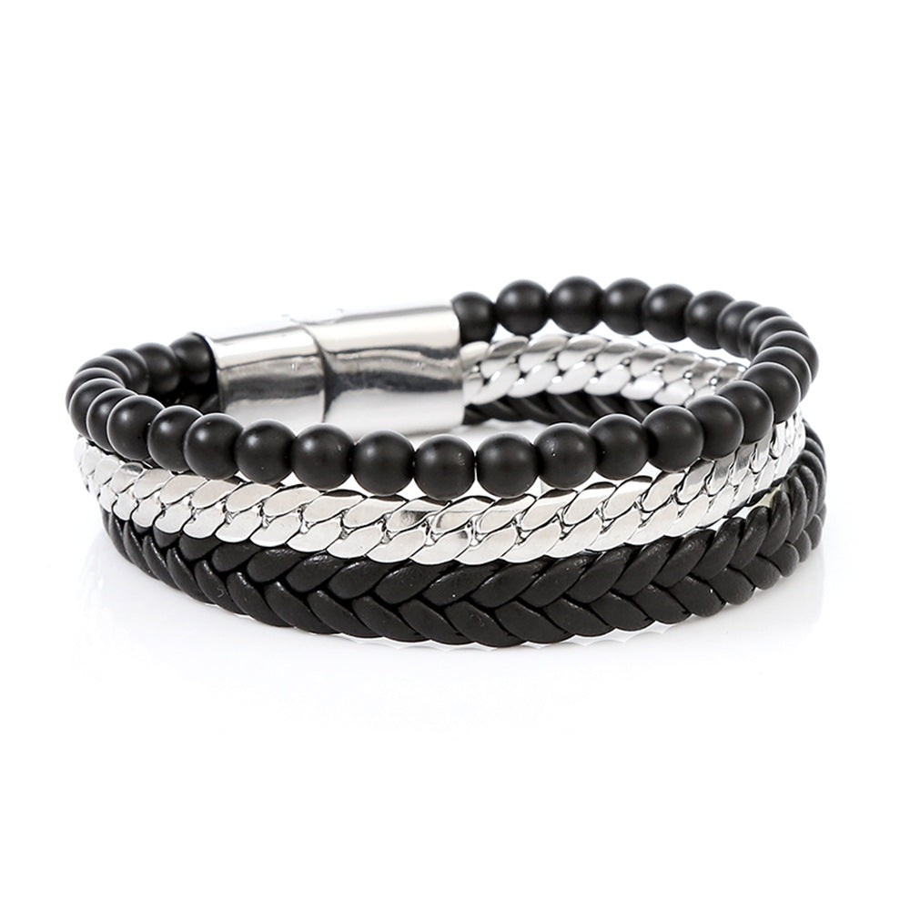 Bracelets tissés à la main en perles d'obsidienne uniques en acier pour hommes