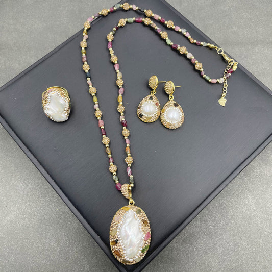 Pearl Tourmaline Suit Natural Freshwater Shaped Sweater Chain Jewelry Set