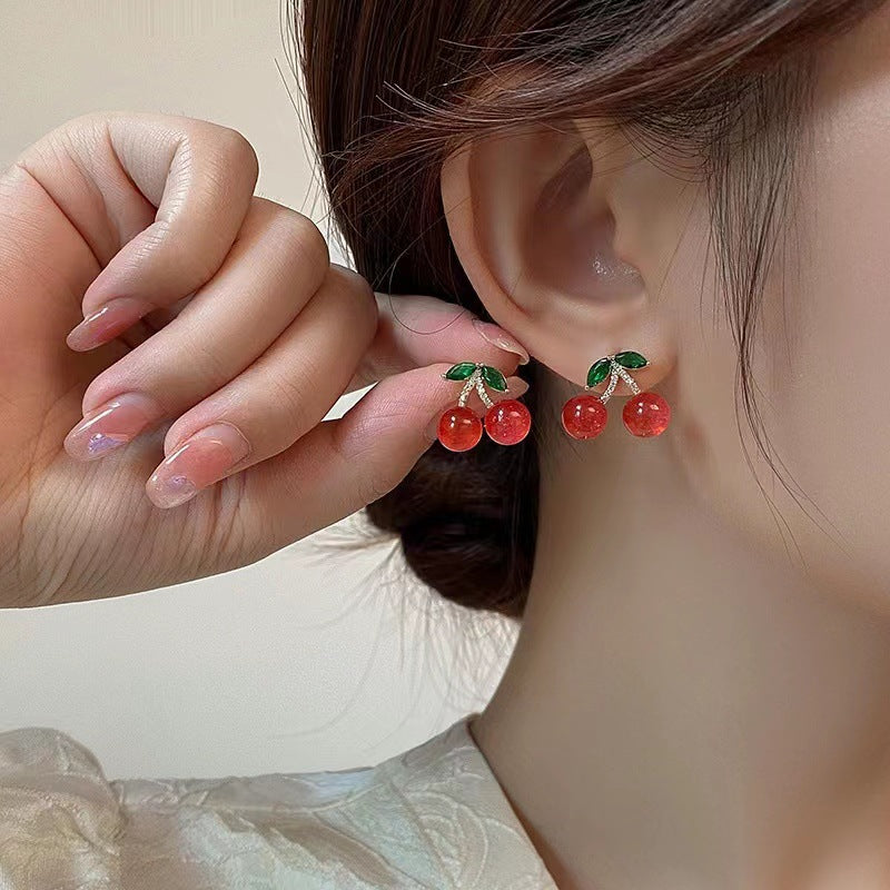 Sier Needle Red Cherry Fruit Starry Earrings