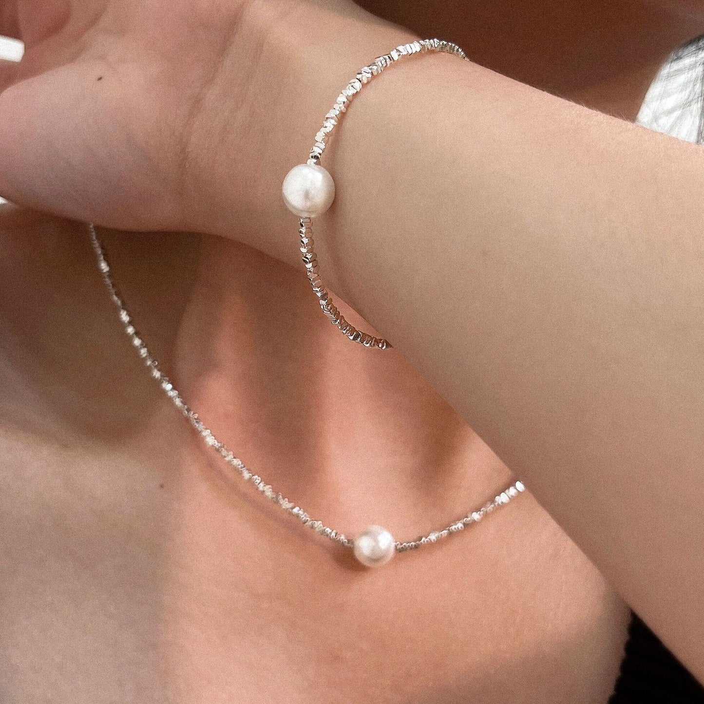 Women's Sier Several Two Pearl Naked Chain Necklaces