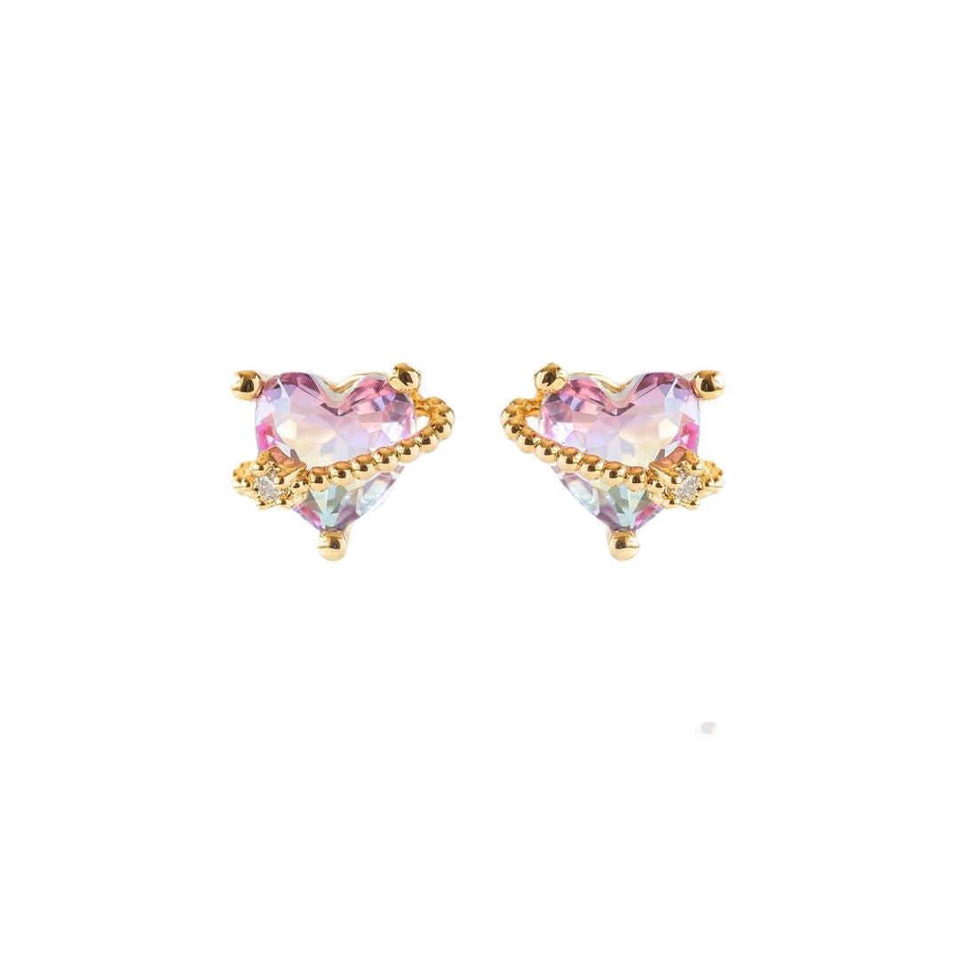 Pink Peach Heart Copper Plated Real Gold Color Stud Earrings