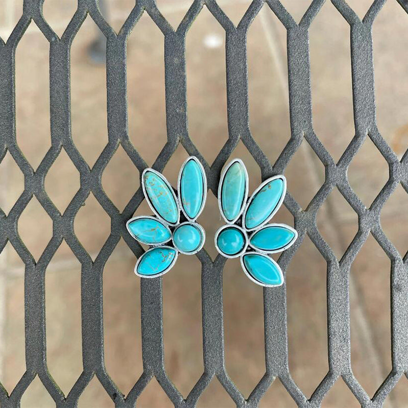 Retro Personalized Fan-shaped Turquoise Creative Petals Stud Earrings