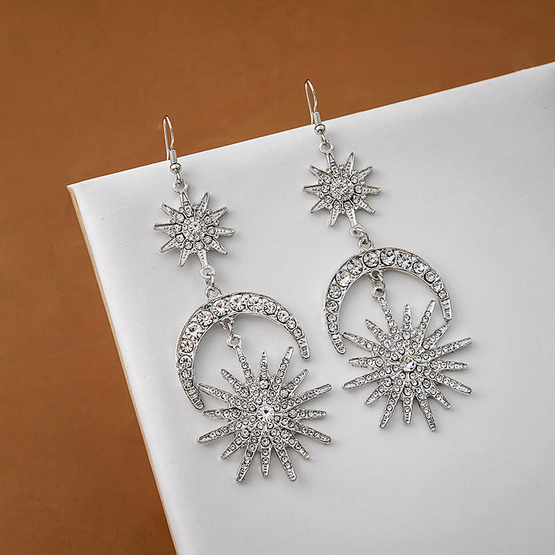 Boucles d'oreilles exquises en strass personnalisées, soleil et lune exagérées pour femmes