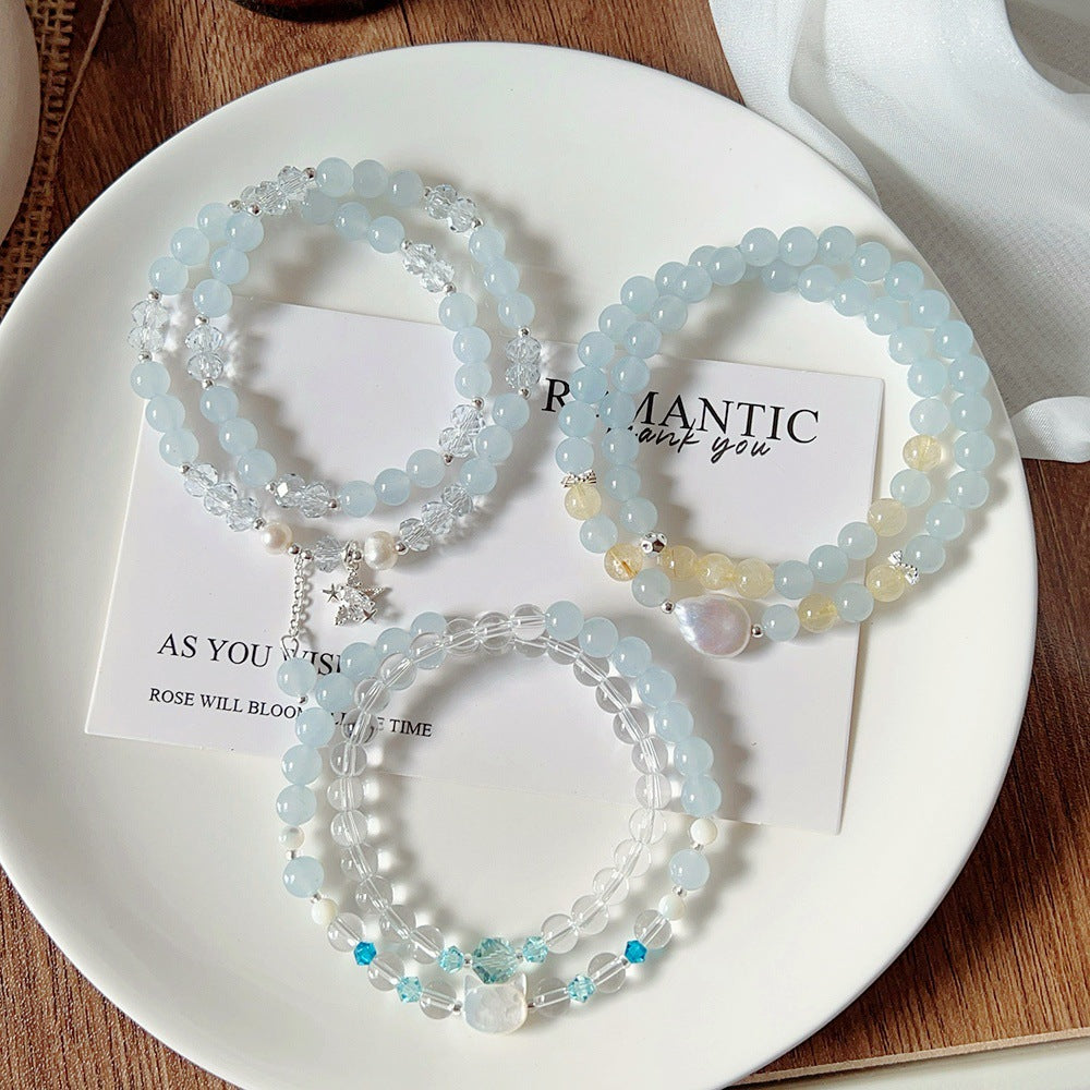 Aquamarine Crystal Korean Style High Sense Pearl String Beads Bracelet