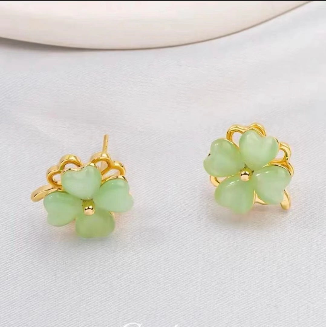 Clover Green Opal Rotatable Ear Fashion Jewelry Set