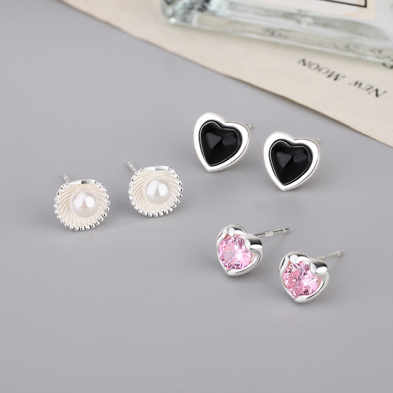 Sier Black Agate Heart-shaped Pearl Shell Earrings