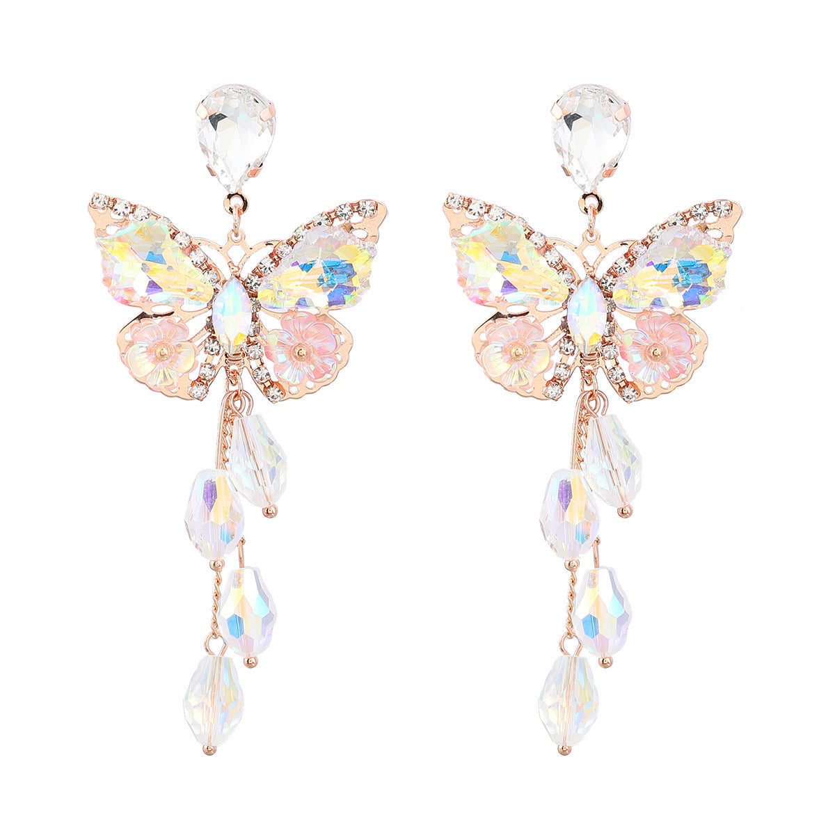 Exaggerated Alloy Diamond Butterfly Flower Long Earrings