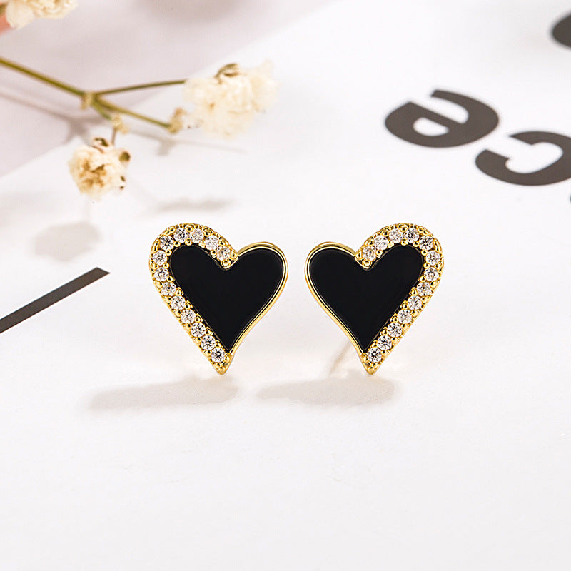 Forme de coeur noir frais et doux pour femmes avec boucles d'oreilles en diamant