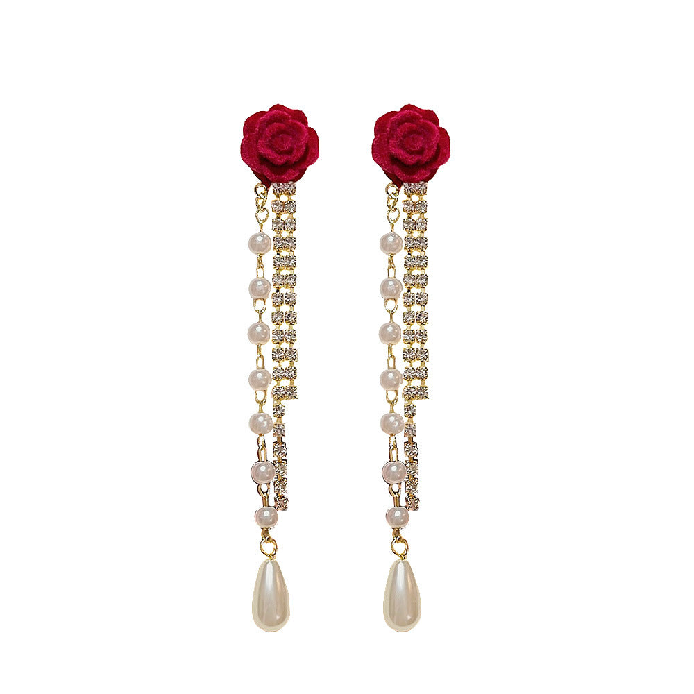 Camellia Long Red Personality Elegant Tassel Earrings