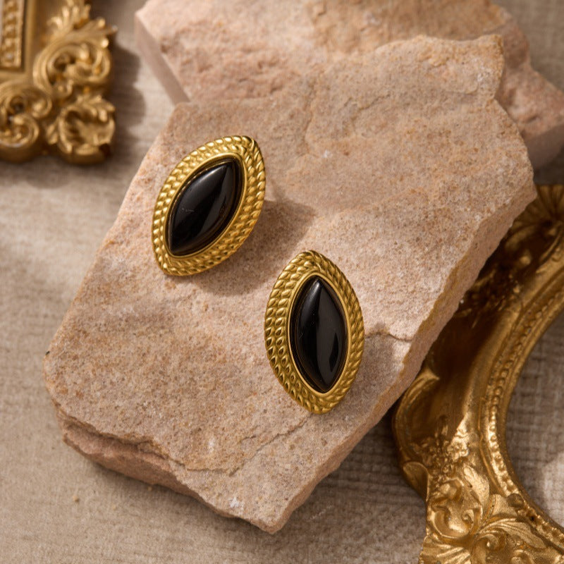 Affordable Luxury Style Braided Border Horse Eye Black Gold Niche Stud Earrings