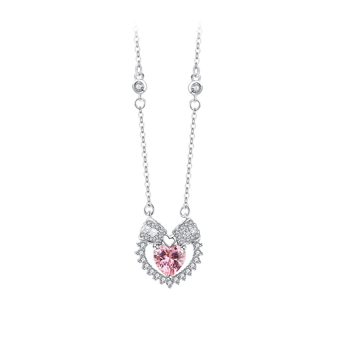 Women's Sterling Sier Pink Heart-shaped Zircon Affordable Necklaces