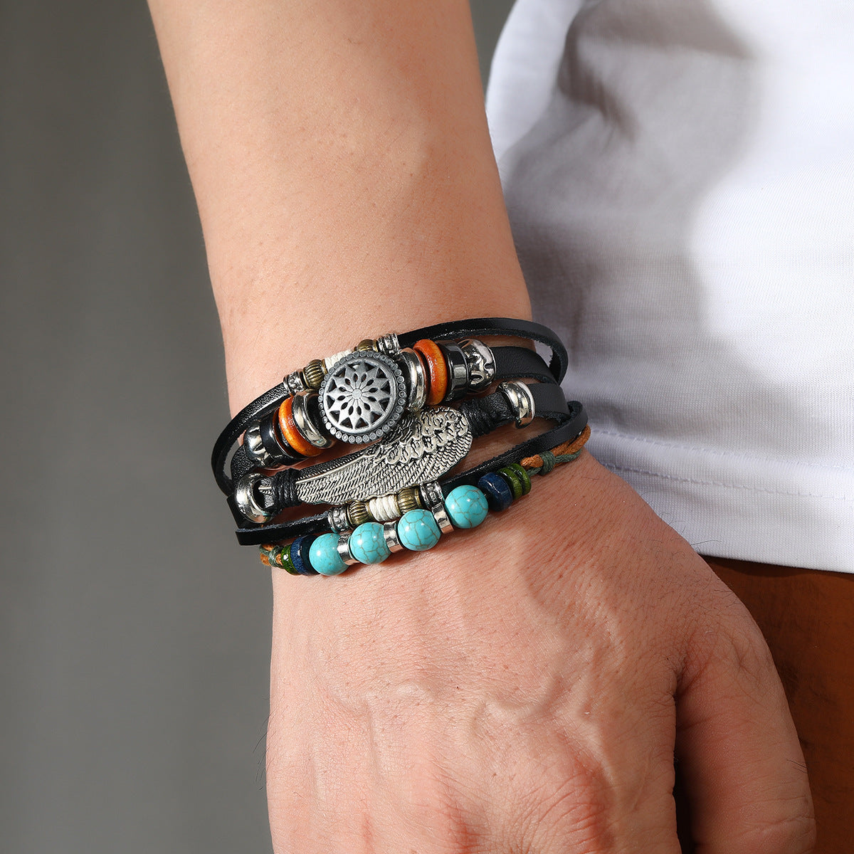 Women's Beaded Cattle Leather Bohemian Woven Alloy Bracelets